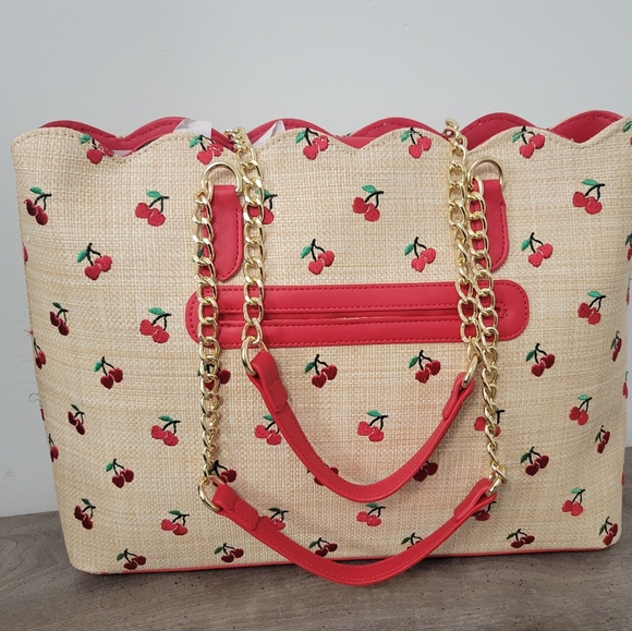 Betsey Johnson cherry print tote bag with charms - Picture 7 of 8